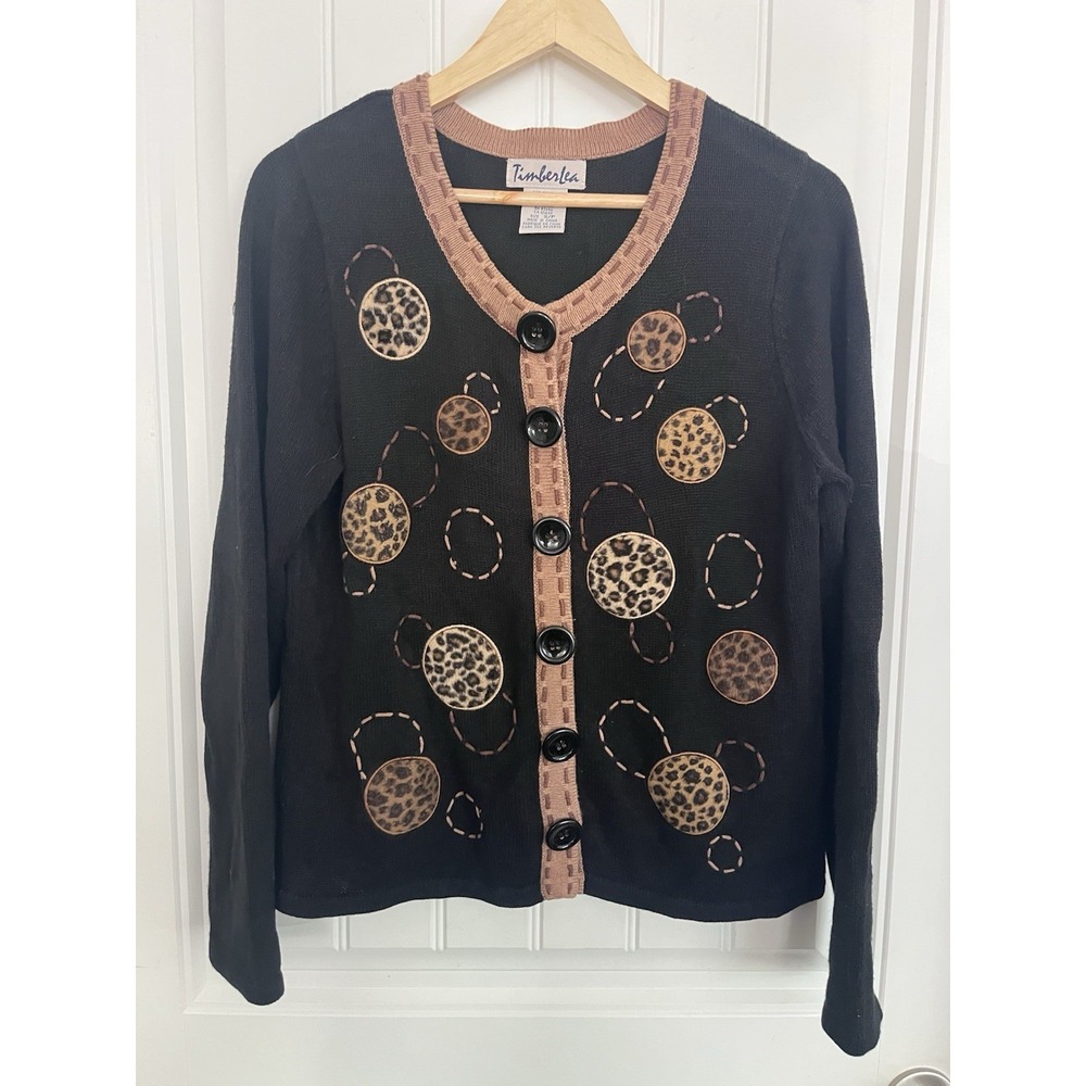 Vintage TImberLea Women's S Black Cardigan Embroidered Cheetah Sweater 591